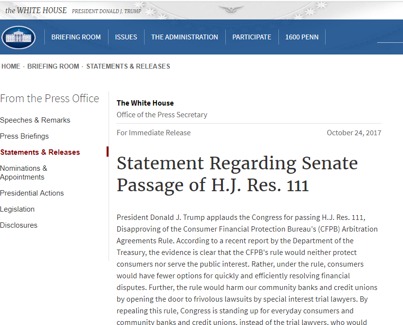 Screenshot of W.H. Statement re H.J. Res. 111