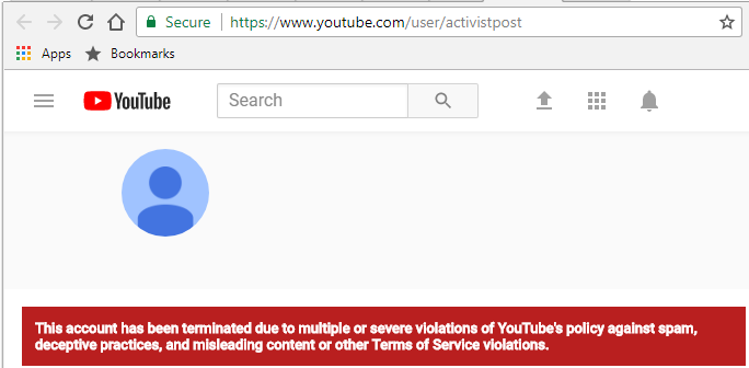 Screen shot of ActivistPost's terminated YouTube Channel