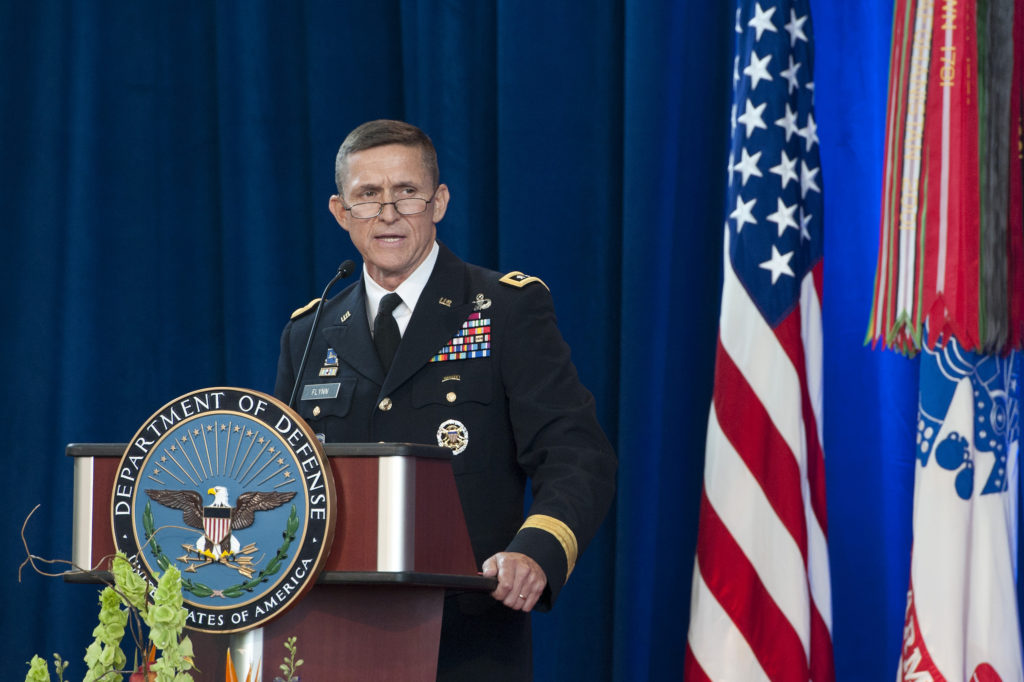 Army Lieutenant General Michael Flynn speaks at the Defense Intelligence Agency change of directorship at Joint Base Anacostia-Bolling, July 24, 2012. Army Lieutenant General Ronald Burgess Jr. turned over directorship of DIA to LtGen Flynn after serving in the position since 2009. DoD photo by Erin A. Kirk-Cuomo (Released)