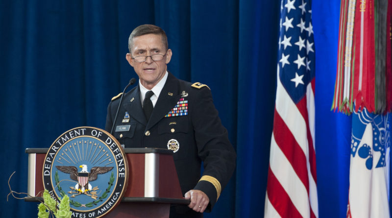 Army Lieutenant General Michael Flynn speaks at the Defense Intelligence Agency change of directorship at Joint Base Anacostia-Bolling, July 24, 2012. Army Lieutenant General Ronald Burgess Jr. turned over directorship of DIA to LtGen Flynn after serving in the position since 2009. DoD photo by Erin A. Kirk-Cuomo (Released)