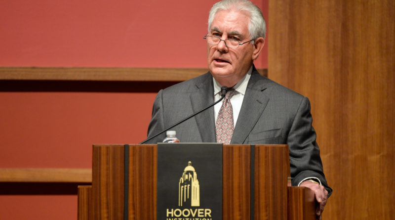 U.S. Secretary of State Rex Tillerson delivers remarks on the Way Forward for the United States regarding Syria, at the Hoover Institute, Stanford University, in Stanford, California on January 17, 2018. [State Department Photo/ Public Domain]