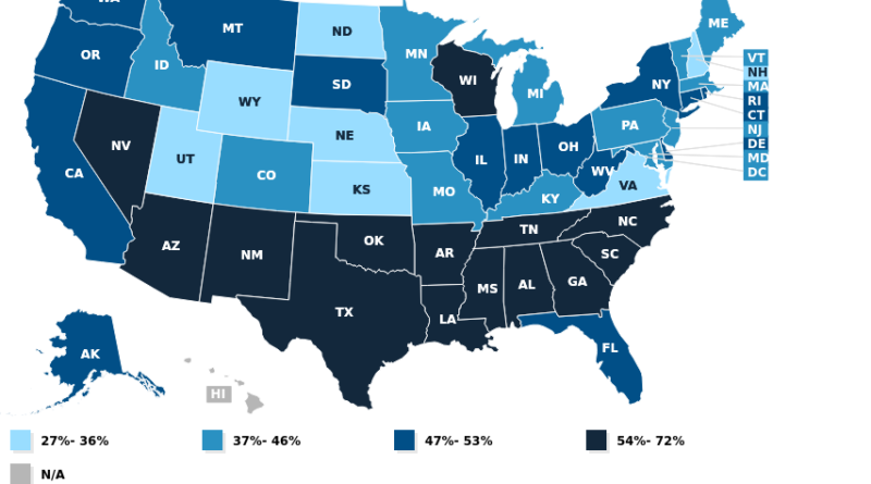 Map of Births Financed by Medicaid via Henry J. Kaiser Foundation