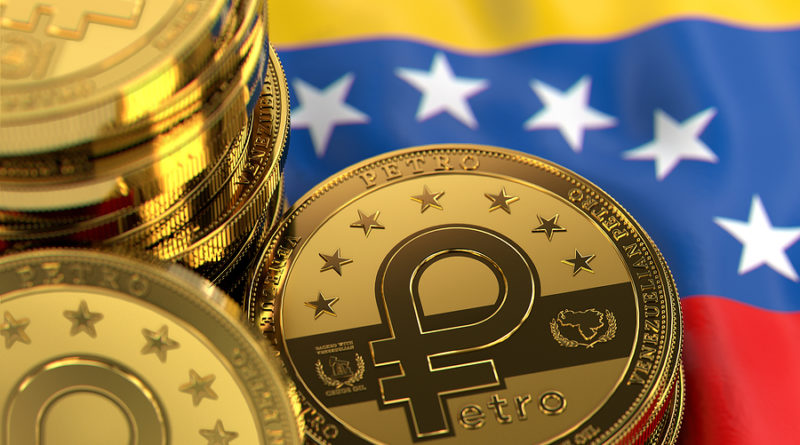 Stack of Petro concept coins on Venezuelan flag. Situation of Petro the cryptocurrency of