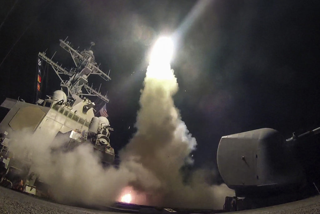 The guided-missile destroyer USS Porter (DDG 78) conducts strike operations while in the Mediterranean Sea, April 7, 2017. Porter, forward-deployed to Rota, Spain, is conducting naval operations in the U.S. 6th Fleet area of operations in support of U.S. national security interests in Europe. (U.S. Navy photo by Mass Communication Specialist 3rd Class Ford Williams/Released)