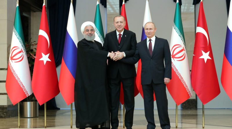 Russian President Vladimir Putin With President of Iran Hassan Rouhani (left) and President of Turkey Recep Tayyip Erdogan before the trilateral meeting in Ankara, Turkey April 3-4, 2018