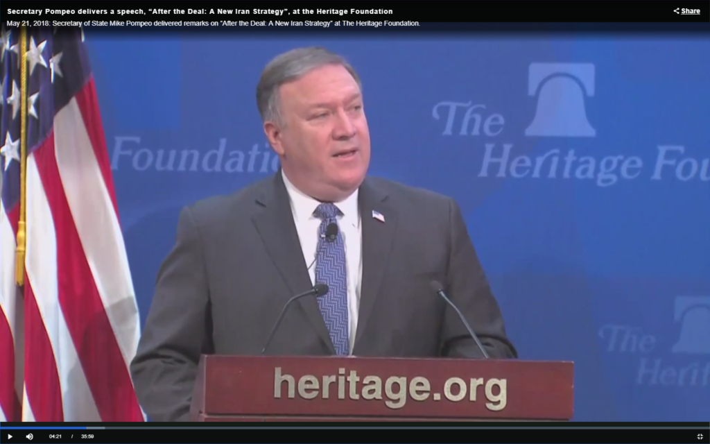 Secretary of State Michael Pompeo speaks at Heritage Foundation on May 21, 2018