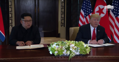 screenshot of President Trump and Chairman Kim at Singapore Summit, June 12, 2018
