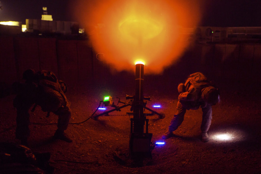 U.S. Marines with Task Force Southwest (TFSW) fire a 120mm mortar as a show of force at Camp Shorab, Afghanistan, March 10, 2018. Approximately 300 Marines with TFSW are deployed to the Helmand province to provide training, advice and assistance to the Afghan National Defense and Security Forces. Marines and the ANDSF work together to expand security and increase stability in Helmand and Nimroz provinces. (U.S. Marine Corps photo by Staff Sgt. Melissa Karnath/Released)