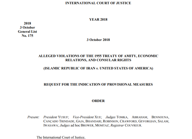 ICJ Order on Iran v US Request for Provisional Measures