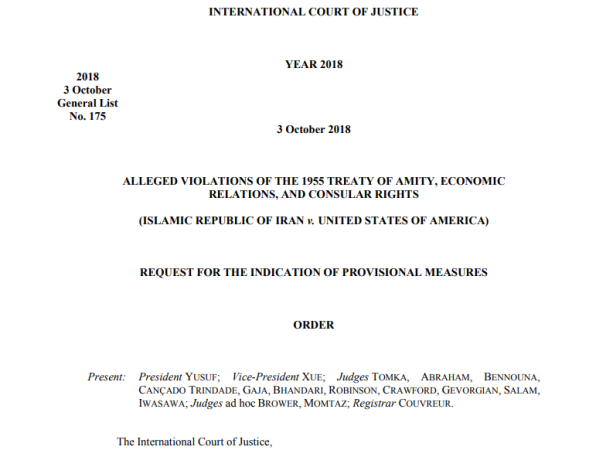 ICJ Order on Iran v US Request for Provisional Measures