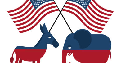 Elephant and donkey. Symbols of Democrats and Republicans. Political parties in United States. Illustration for election debate in America. Democrat Donkey and Republican Elephant opposition. USA flag