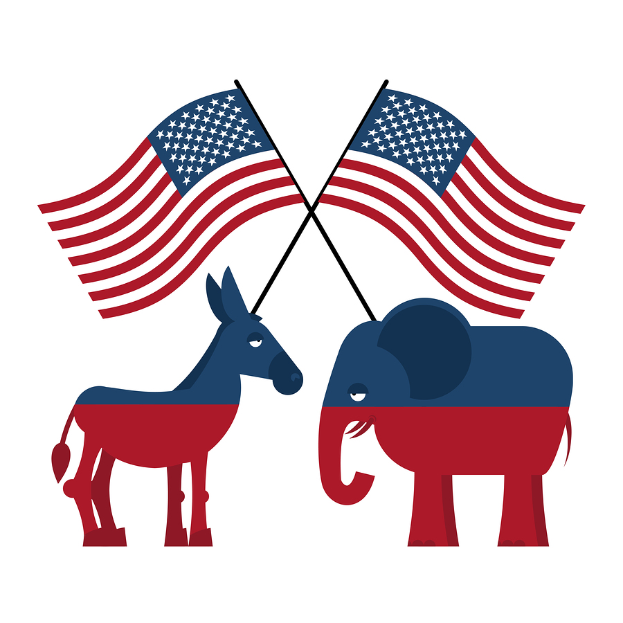 Elephant and donkey. Symbols of Democrats and Republicans. Political parties in United States. Illustration for election debate in America. Democrat Donkey and Republican Elephant opposition. USA flag
