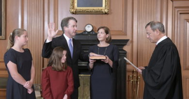 Chief Justice John G. Roberts, Jr., administers the Constitutional Oath to Judge Brett M. Kavanaugh in the Justices’ Conference Room, Supreme Court Building. Mrs. Ashley Kavanaugh holds the Bible. Credit: Fred Schilling, Collection of the Supreme Court of the United States.